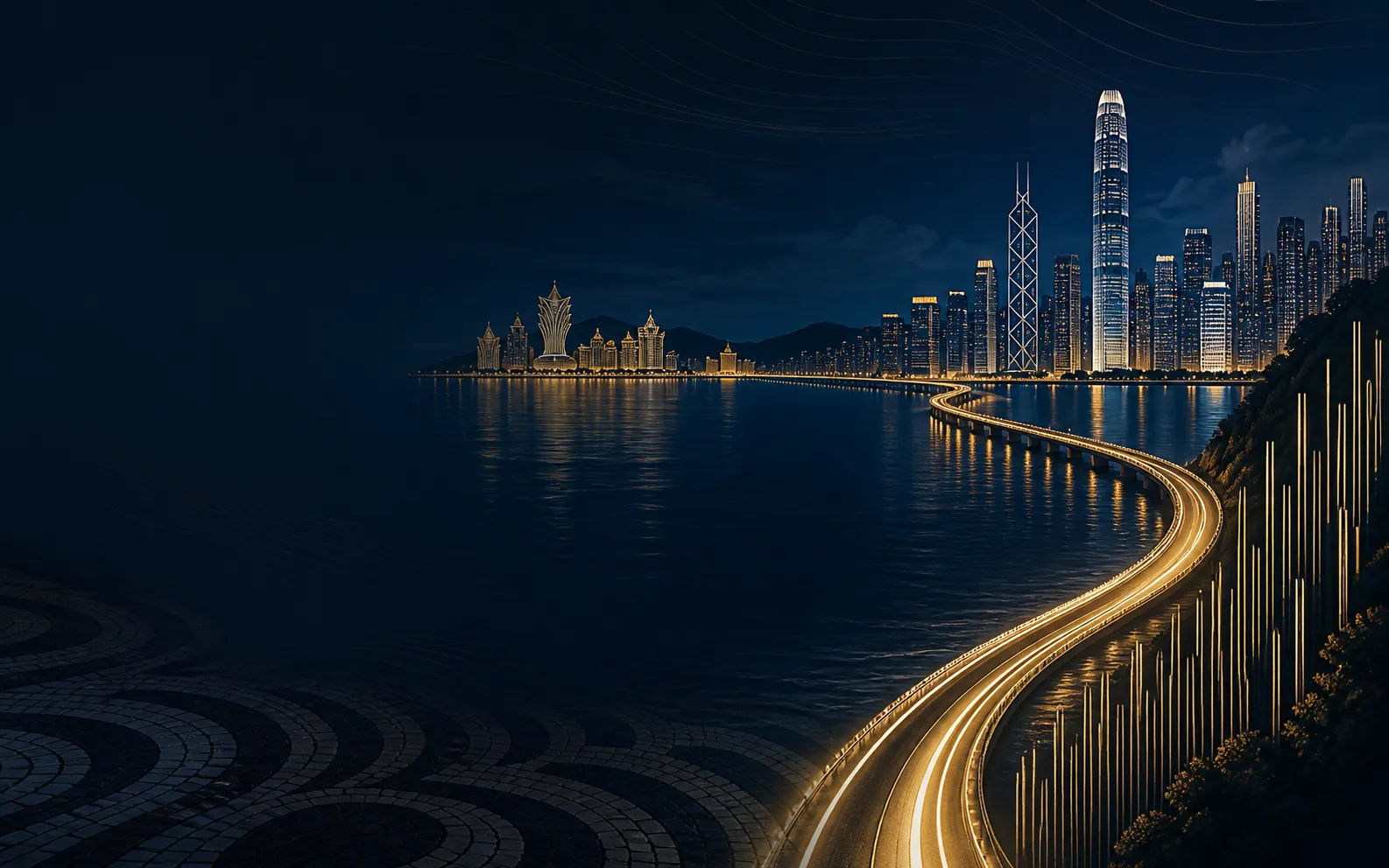 深海蓝与金色构成的香港澳门跨海路线原创视觉